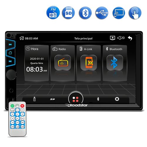Central Multimídia MP5 2 Din Roadstar RS405BR Plus Tela 7 Espelhamento Bluetooth USB SD AUX
