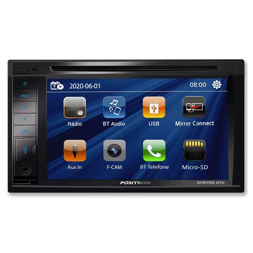 Central Multimidia 2 Din Pósitron SP8730DTV Tela 6.2 Espelhamento BT USB SD TV Digital 4x20W