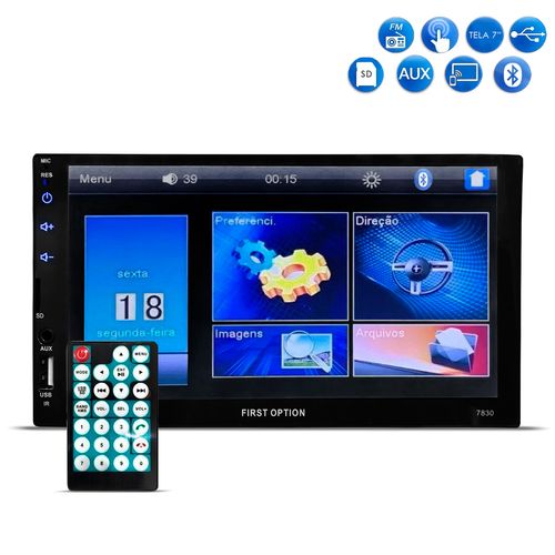 Central Multimídia First Option 7830 MP5 Tela 7 Espelhamento Bluetooth USB SD AUX Radio
