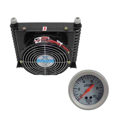Radiador de óleo universal com ventoinha - 250mmx176mmx101mm + Manômetro de Pressão de Óleo 10 Bar 52 MM - SPA TURBO