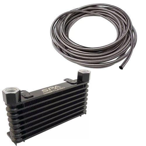 Radiador de óleo universal - Entrada/Saída 10AN - 250mmx105,5mmx32mm + 4 metros mangueira tipo Aeroquip com malha de inox 10AN