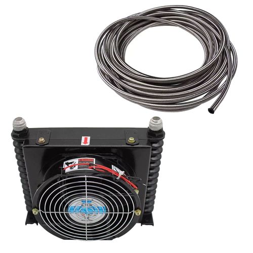 Radiador de óleo universal com ventoinha - 250mmx176mmx101mm + 4 metros mangueira tipo Aeroquip com malha de inox 10AN