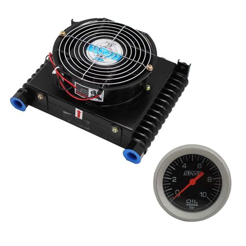 Radiador de óleo universal com ventoinha - 250mmx176mmx101mm + Manômetro de Pressão de Óleo 10 Bar 52 MM - SPA TURBO
