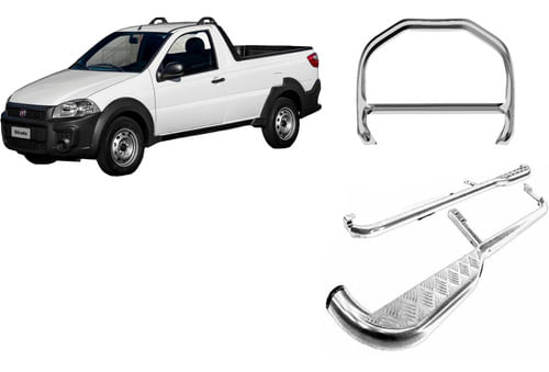 Kit Quebra Mato+estribo Chapa Cromo Fiat Strada 2014 A 2020