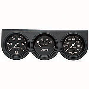 Painel 3 Manômetros 2 5/8" Pressão de Óleo 0-100PSI/Temperatura de Água 140°-280°F/Voltímetro 10-16V - Auto Gage - Preto - AUTO METER