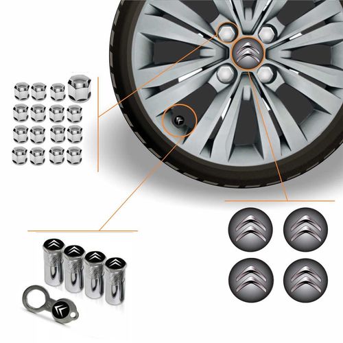 Kit Acessórios Para Roda Calota Citroen Emblema Resinado + Tampa Ventil Antifurto + Capa Parafuso