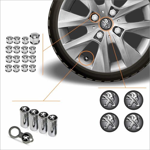 Kit Acessórios Para Roda Calota Peugeot Emblema Resinado + Tampa Ventil Antifurto + Capa Parafuso
