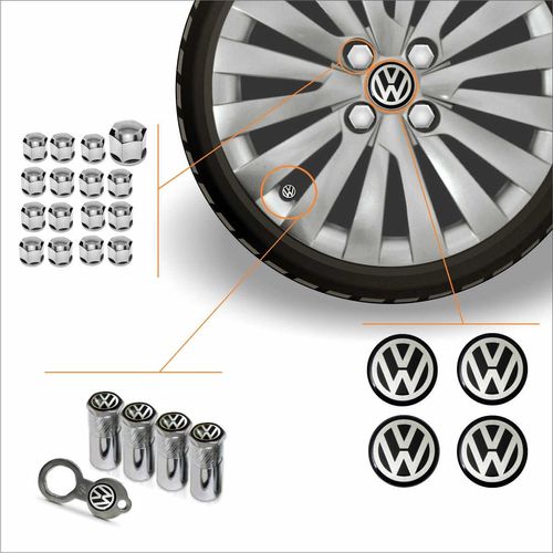 Kit Acessórios Para Roda Calota Volkswagen Emblema Resinado + Tampa Ventil Antifurto + Capa Parafuso