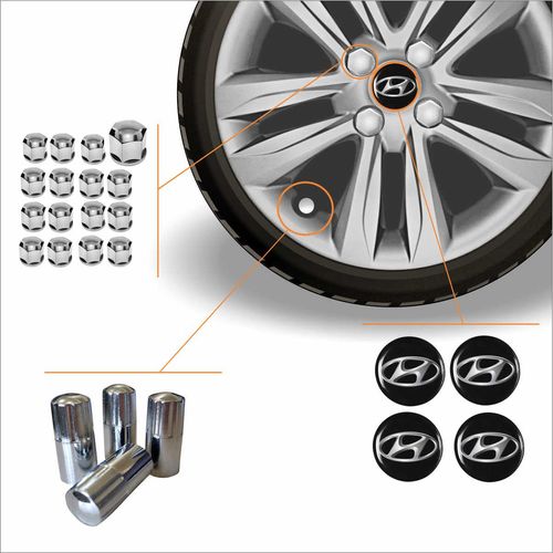 Kit Acessórios Para Roda Calota Hyundai Emblema Resinado + Tampa Ventil Cromada + Capa Parafuso