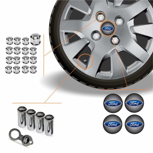 Kit Acessórios Para Roda Calota Ford Emblema Resinado + Tampa Ventil Antifurto + Capa Parafuso