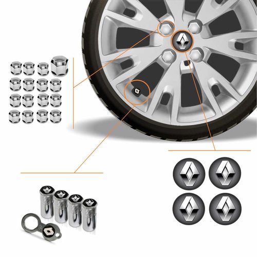 Kit Acessórios Para Roda Calota Renault Emblema Resinado + Tampa Ventil Antifurto + Capa Parafuso